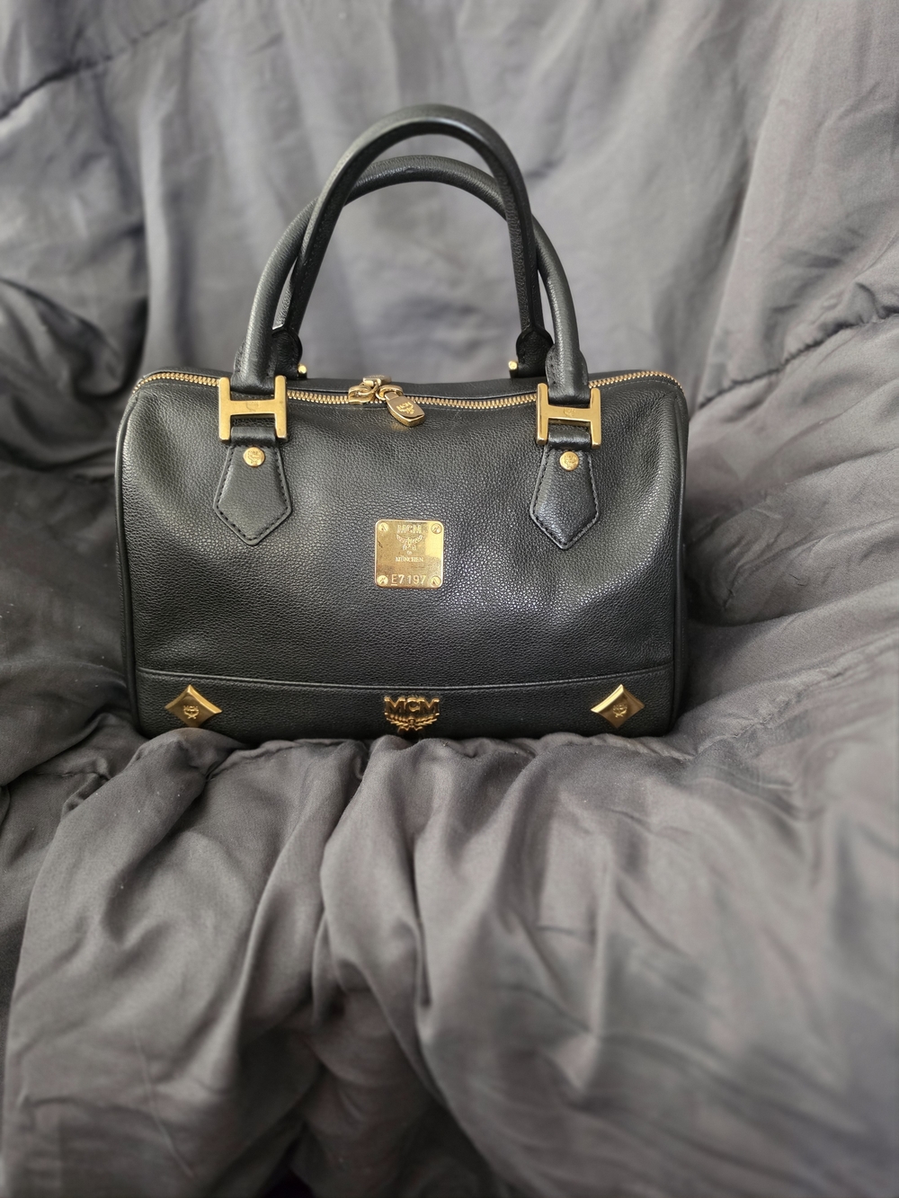 AUTHENTIC MCM Black Leather Satchel with Gold Hardware Accents
